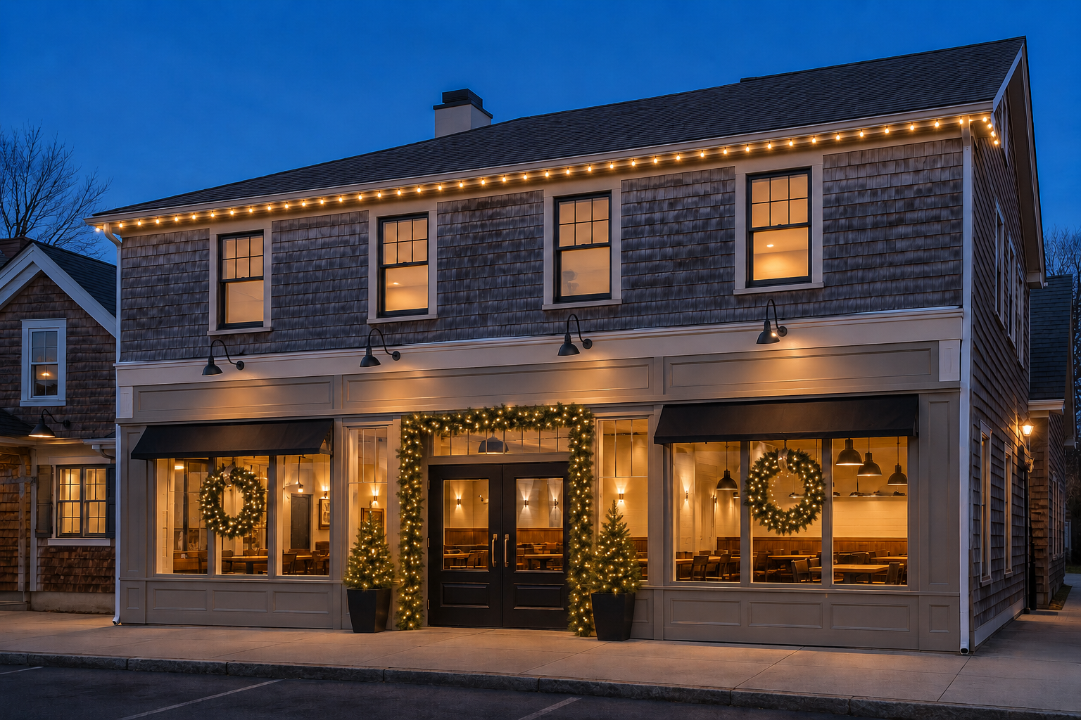 The same commercial storefront after professional holiday light installation